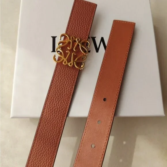 Loewe Tan Brown Grained Leather Belt with Gold Anagram Buckle Size 90 - Picture 6 of 6